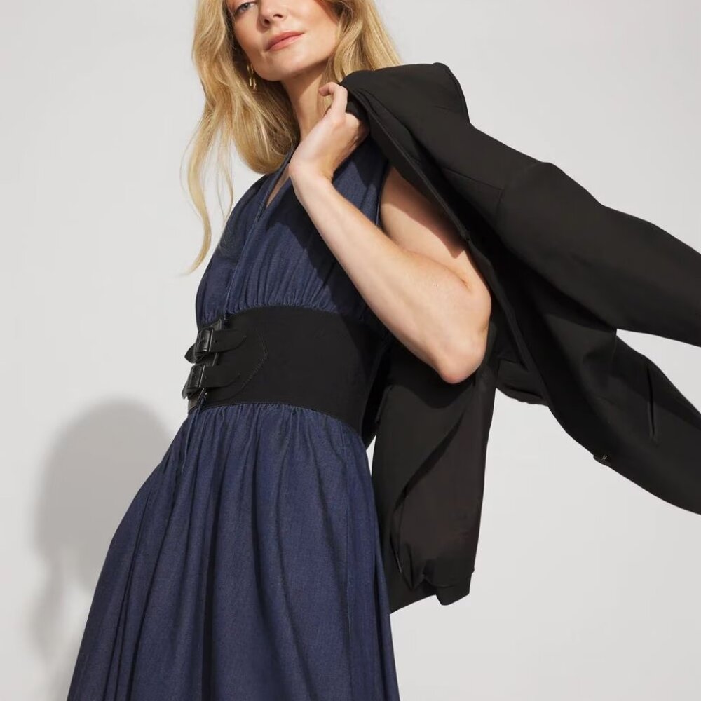 WHBM $200 Tencel Belted Denim Midi Dress Wide Belt Jean MANY SIZES - Picture 3 of 9